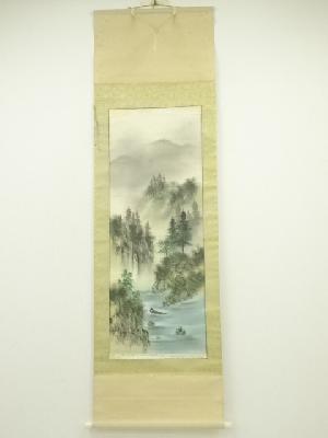 浦石筆　彩色山水　肉筆絹本掛軸
